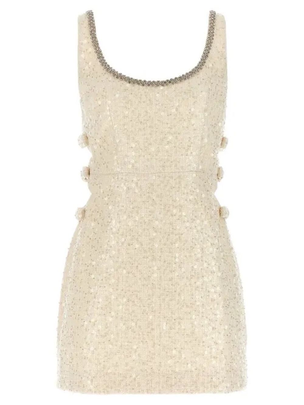 Ivory Sequin Mini Dress with Embellished Neckline and Bows